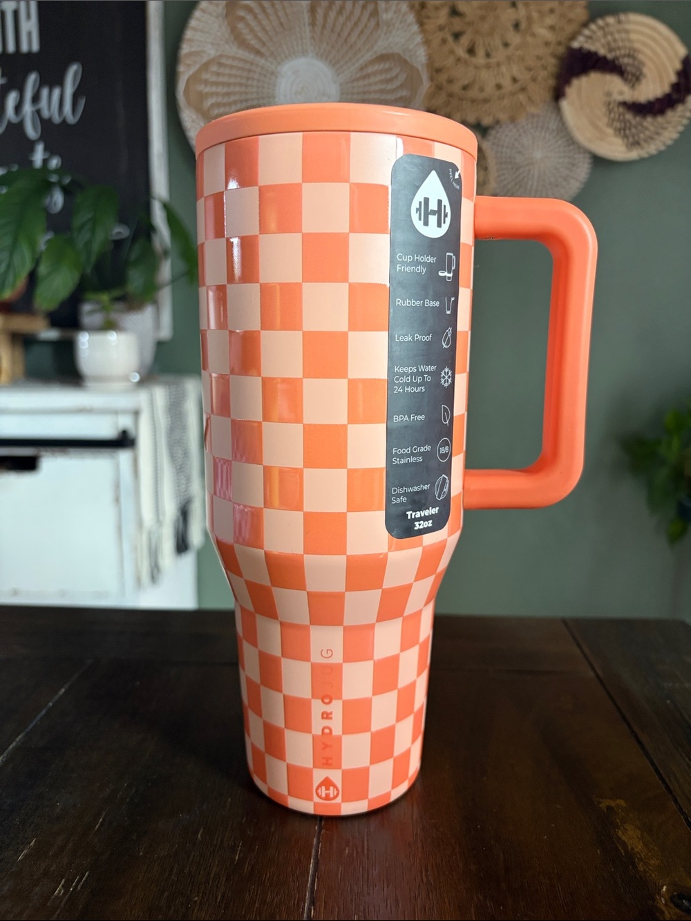 HYDROJUG 32 oz. Traveler Tumbler - Orange Checkers! New!